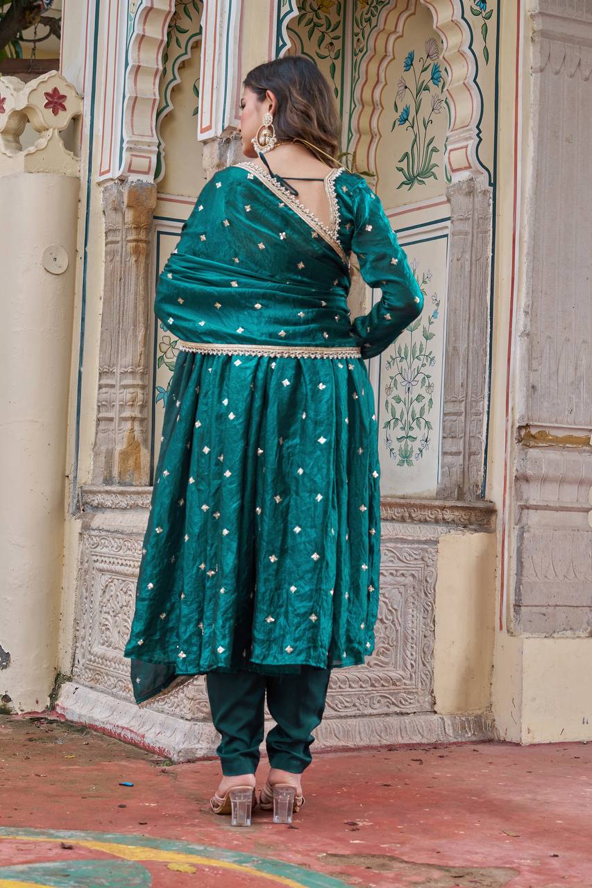 Embroidered Art Silk Anarkali Suit in Teal Blue
