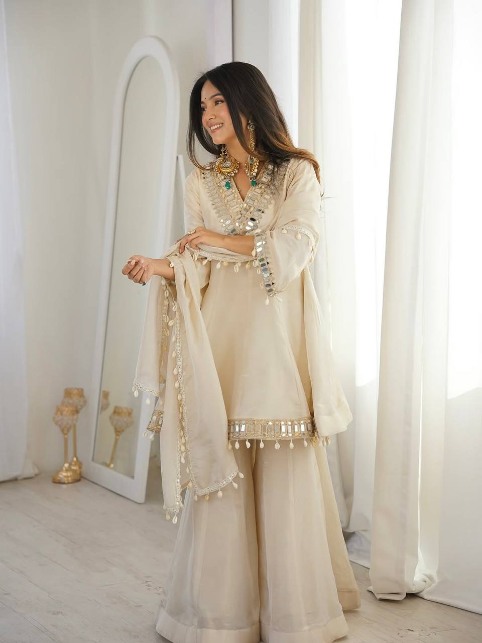 Premium Real Mirror Work Chinon Plazzo Set with Kodi Lace Dupatta for Festive and Party Wear