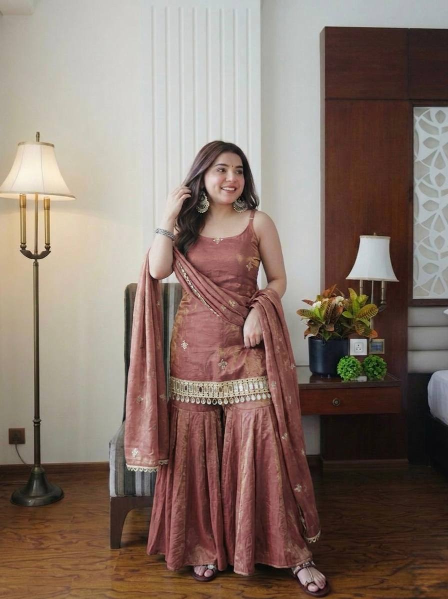 Women Ethnic Motifs Embroidered Regular Thread Work Kurti with Sharara & With Dupatta