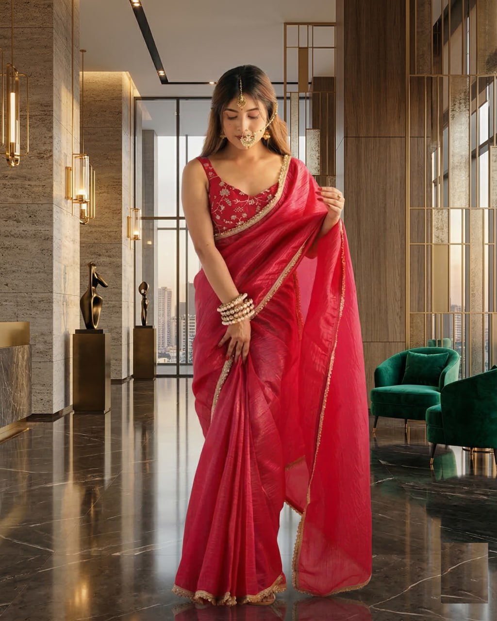 Premium Gold Crush Tissue Silk  Saree with Unstich Blouse 1