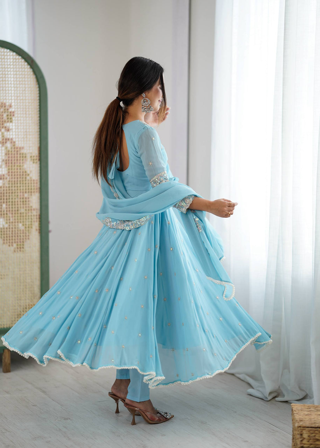 Floral Embroidered Sequinned Georgette Kurta With Palazzos & Dupatta