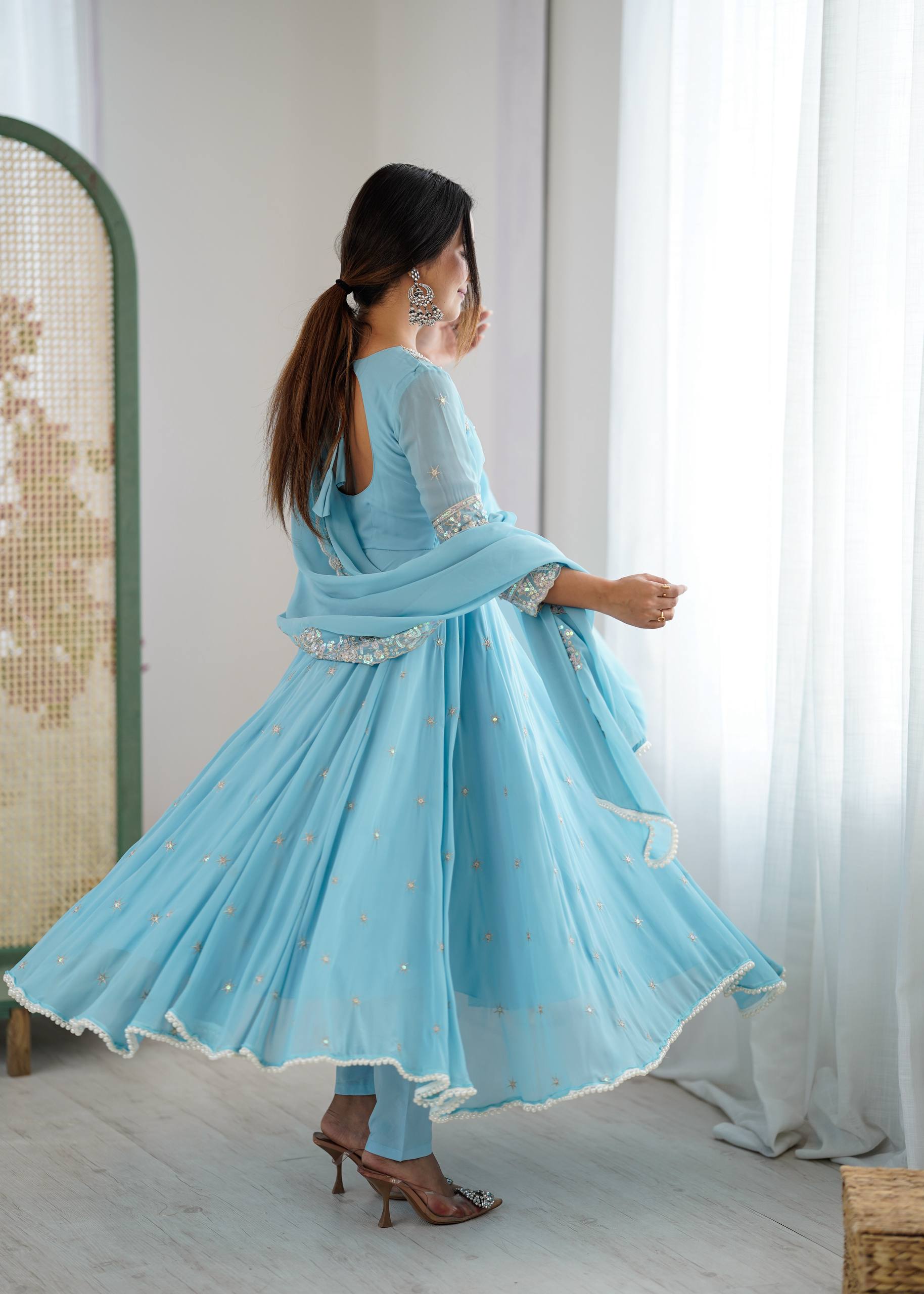 Floral Embroidered Sequinned Georgette Kurta With Palazzos & Dupatta