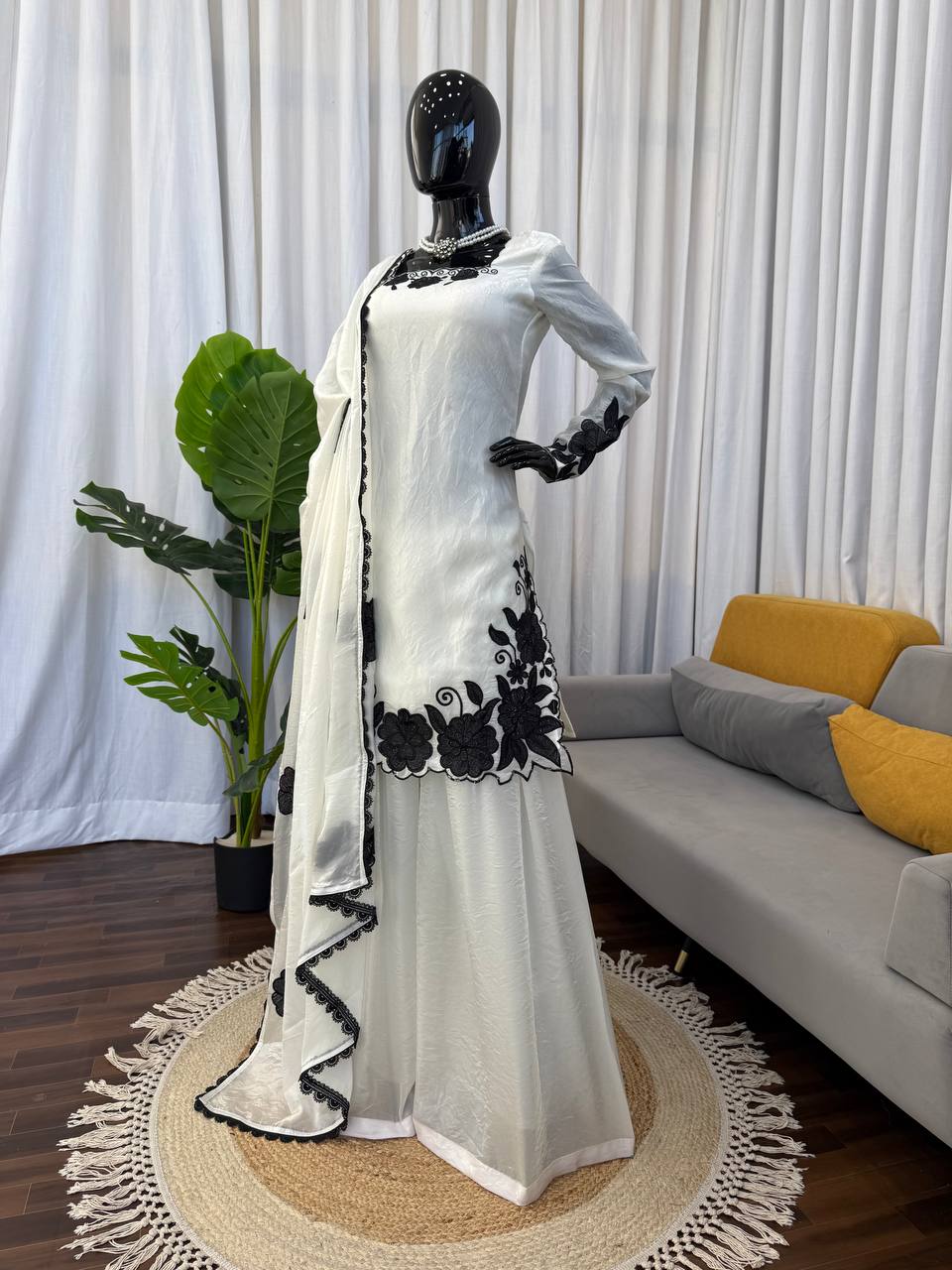 Easy Wear White Fendy Silk Embroidered Top Farshi Pant Set with Lace Dupatta