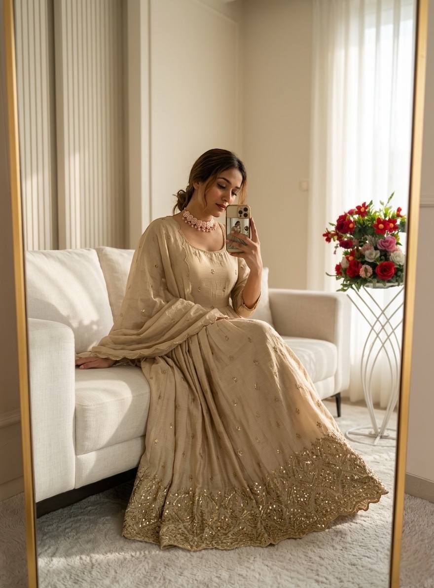 Women's Peach Faux Georgette Stitched Top With Bottom and Dupatta Full Sleeve Embroidered Anarkali Gown