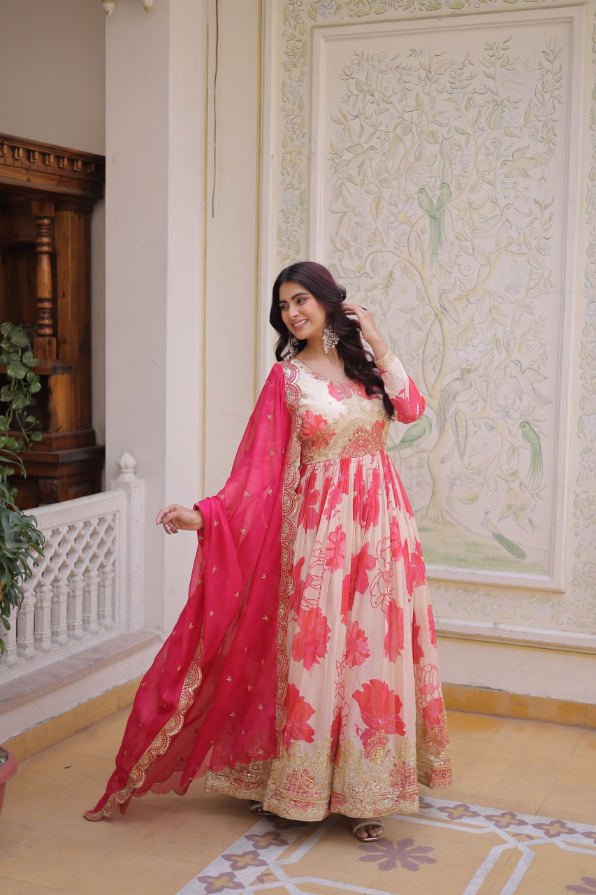 Beautiful Cream Floral Printed Silk Engagement Wear Anarkali Gown