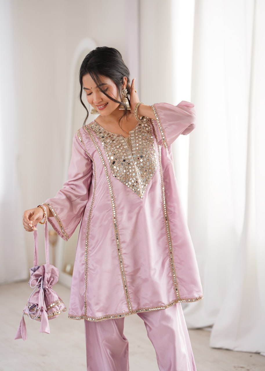 Pink Mirror Work Kurti Pant Set & Batwa