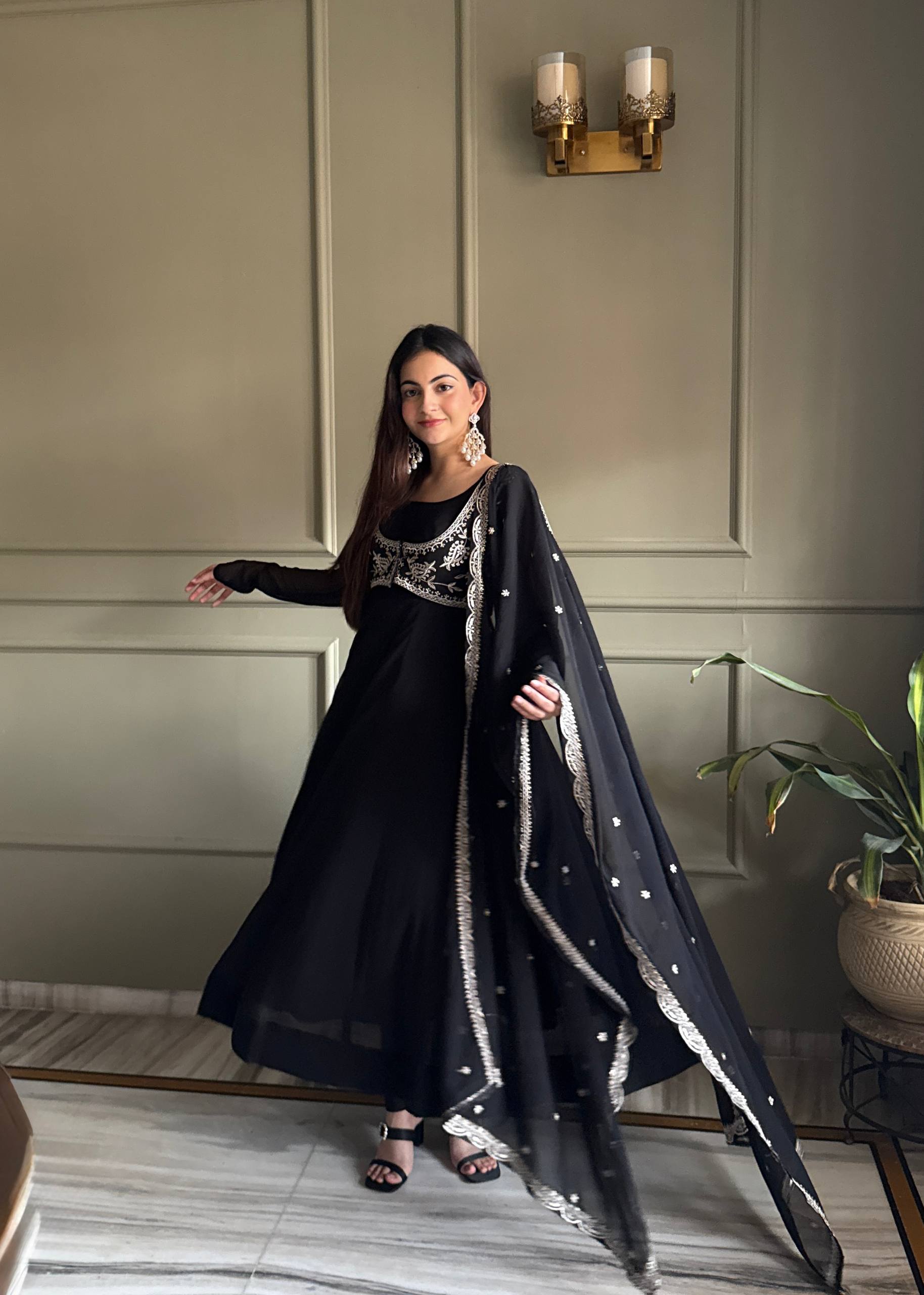 Black Color Faux Georgette Embroidered Anarkali Suit