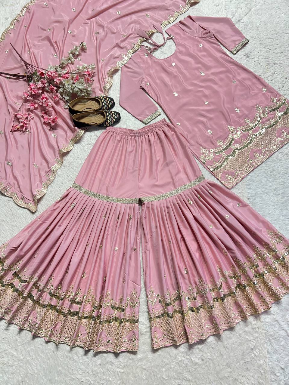 Pink Colour Heavy Faux Georgette 5mm Embroidery Sequence Work Sharara