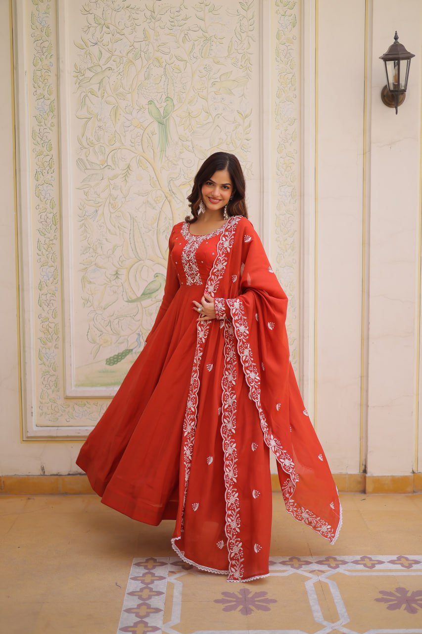 Sweet Rust Orange Bead Work Chanderi Wedding Wear Gown With Dupatta
