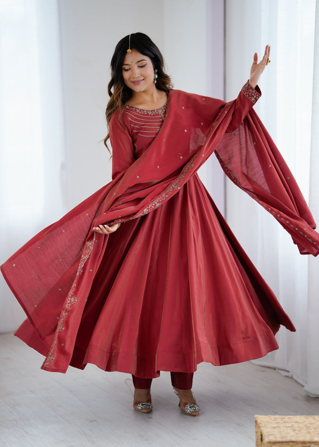 Maroon Chanderi Silk Anarkali Set with Handwork Beads