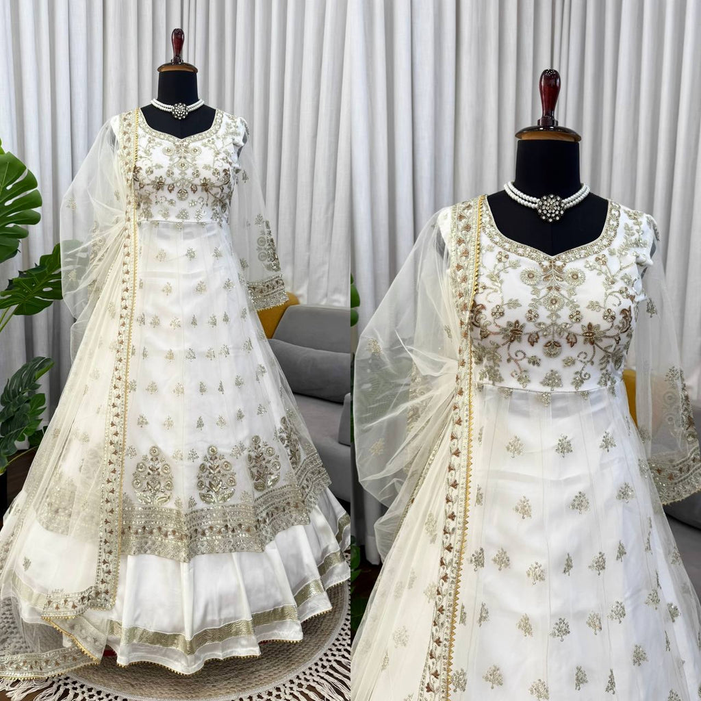 Stunning White Festive Wear Lehenga Gown With Gota Patti and Fancy Lace