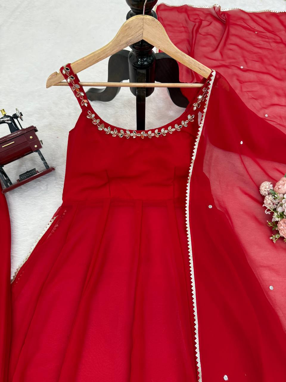 Red Faux Georgette Lace Mirror Work Salwar Suit