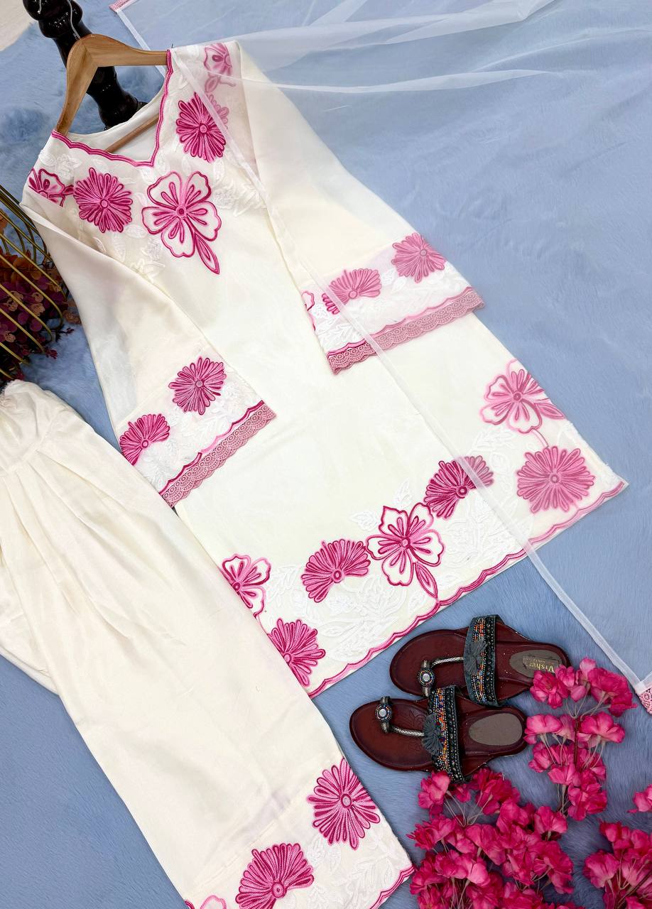 Graceful Pastel Floral Kurta Palazzo Dupatta Set