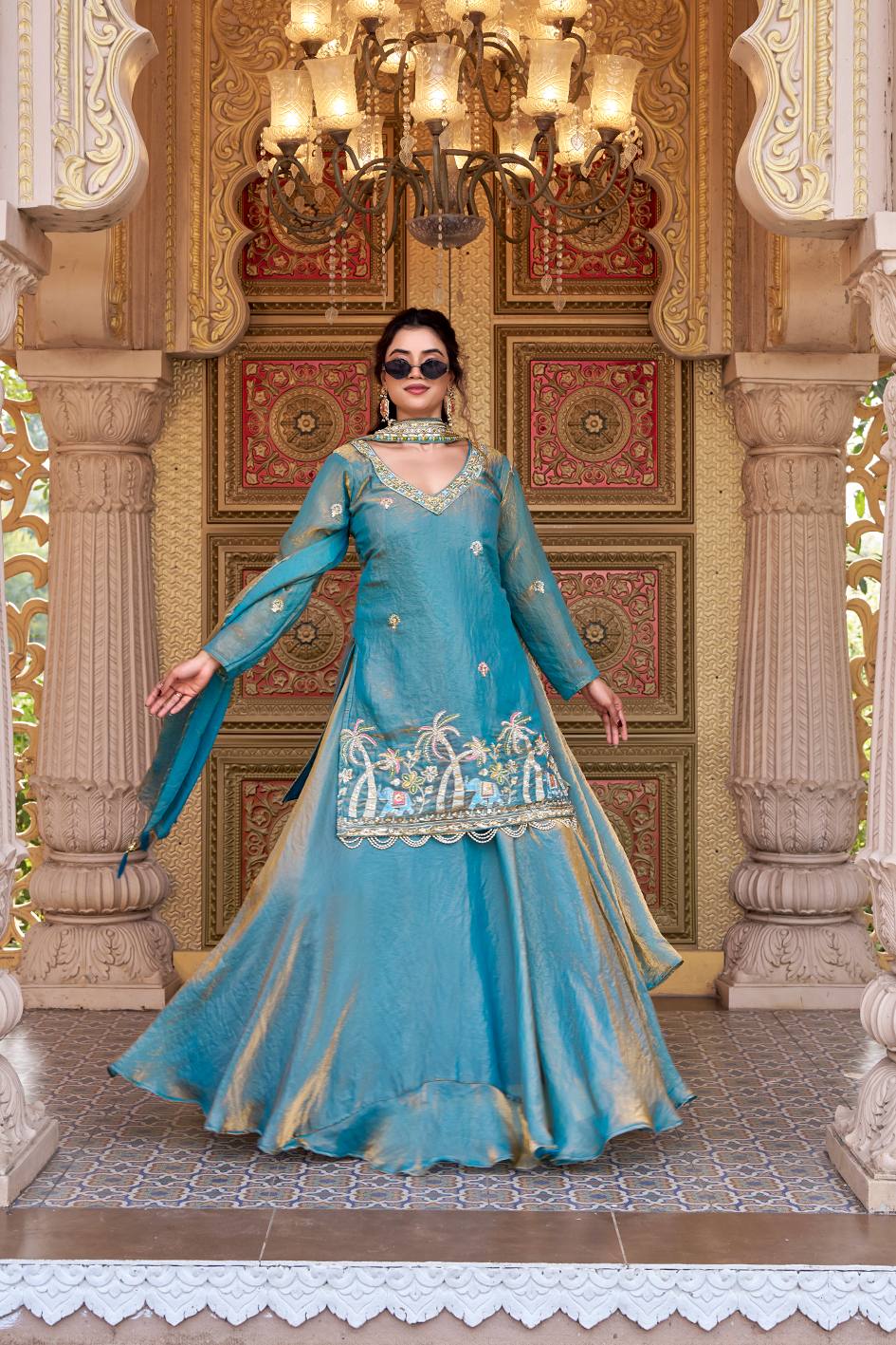 Pink & Blue Pure Fendy Kurti Lehenga with Moti Embroidery & Dupatta Set