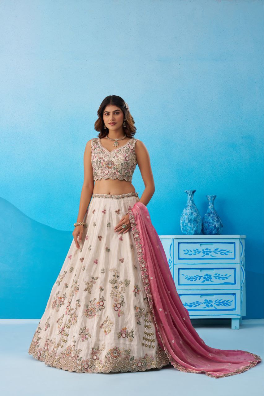 Women's Cream Tissue Sequins Embroidered Lehenga And Blouse With Dupatta