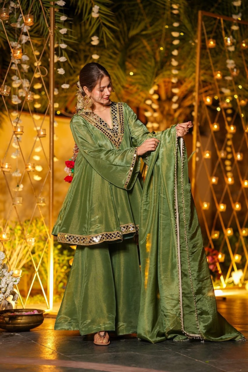 Women Embroidered Panelled Mirror Work Dupion Silk Kurta with Palazzos & With Dupatta