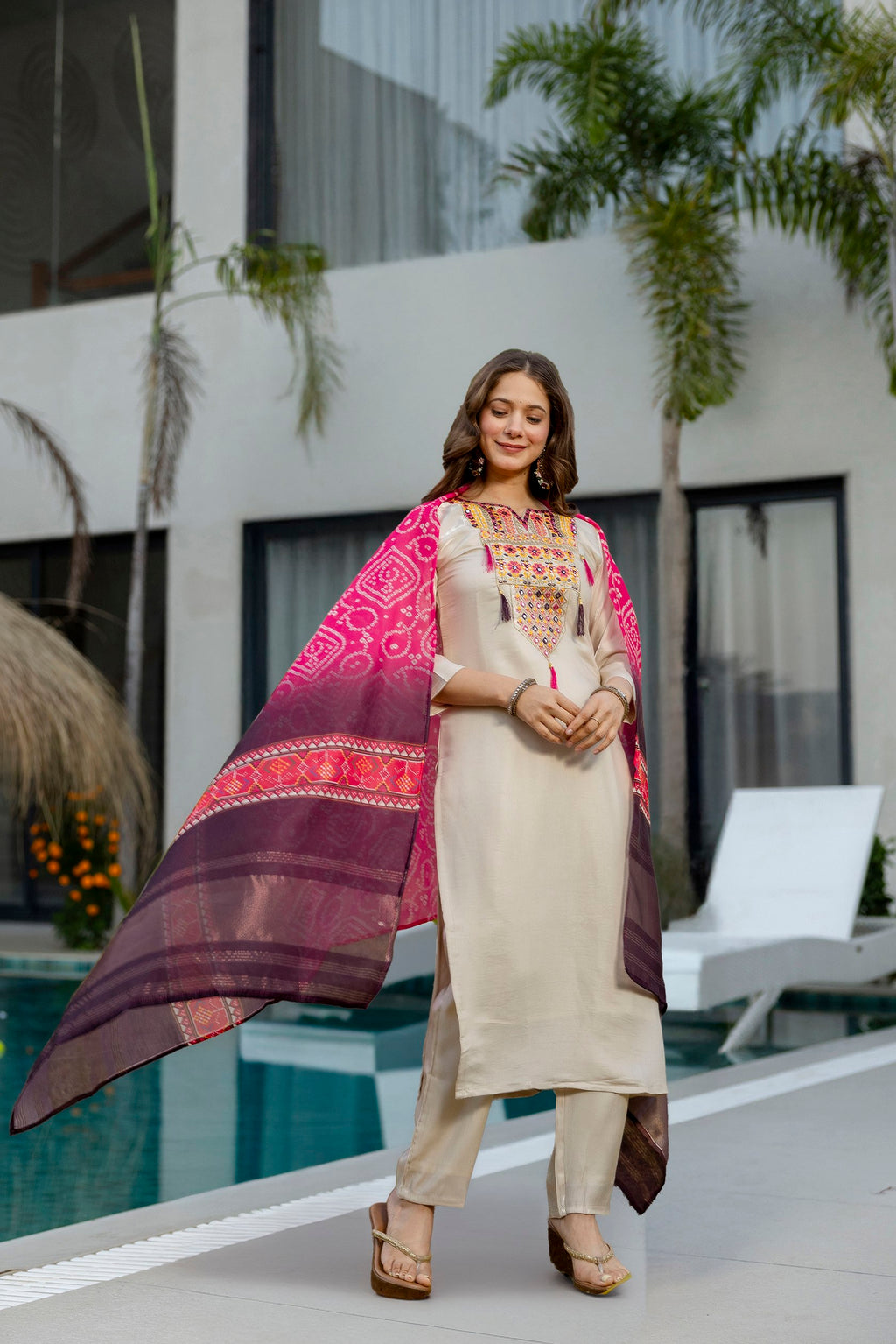 Sophisticated Cream Viscose Shimmer Embroidered Printed Straight Pant Suit After Six Wear