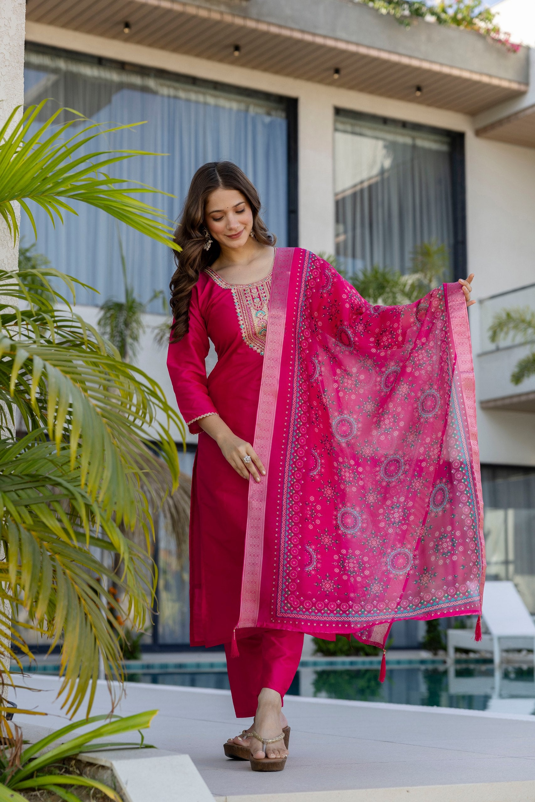 Women Ethnic Motifs Embroidered Regular Thread Work Chanderi Cotton Kurta with Trousers & With Dupatta