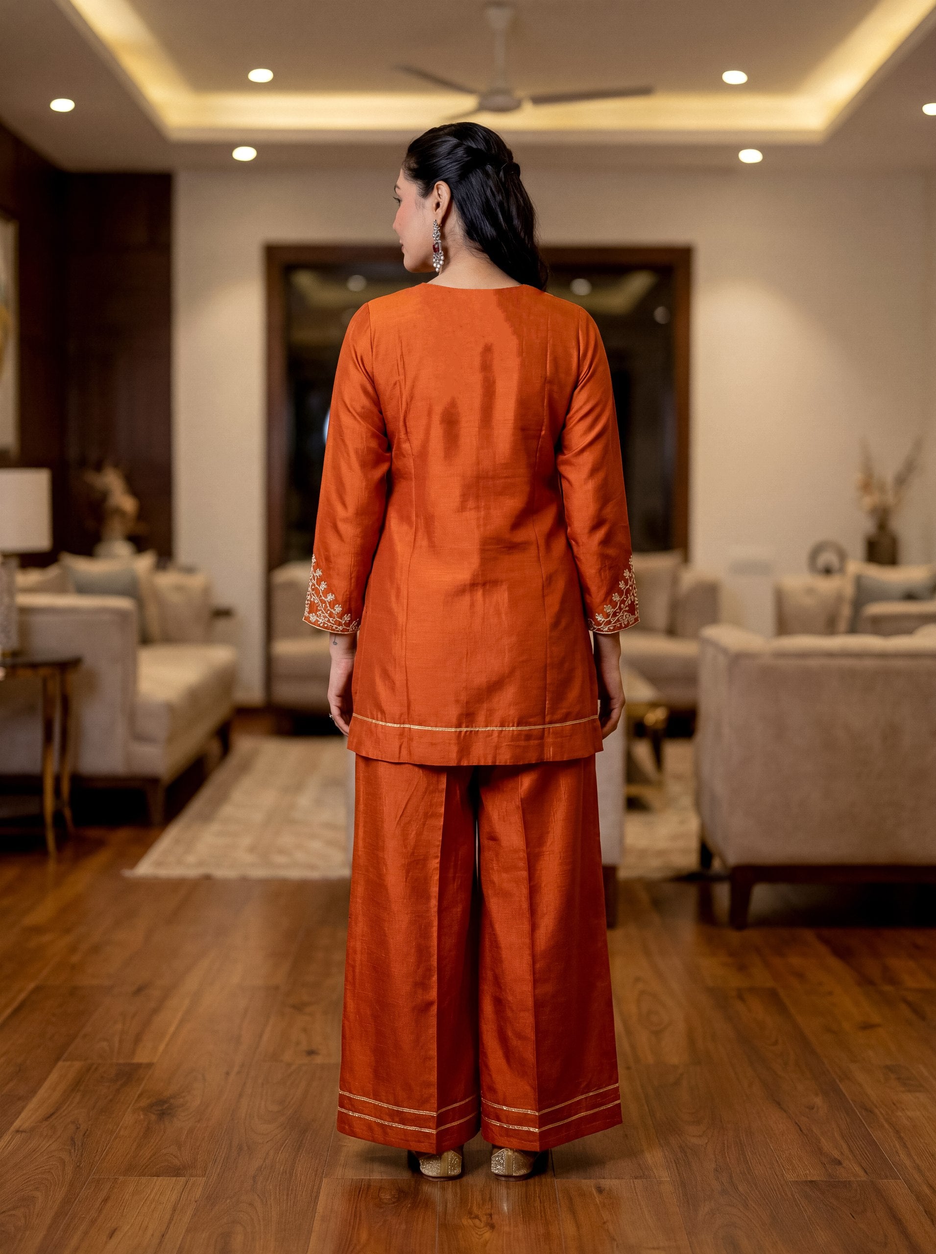 Embroidered Regular Sequinned Chanderi Silk Kurta with Palazzo & Dupatta