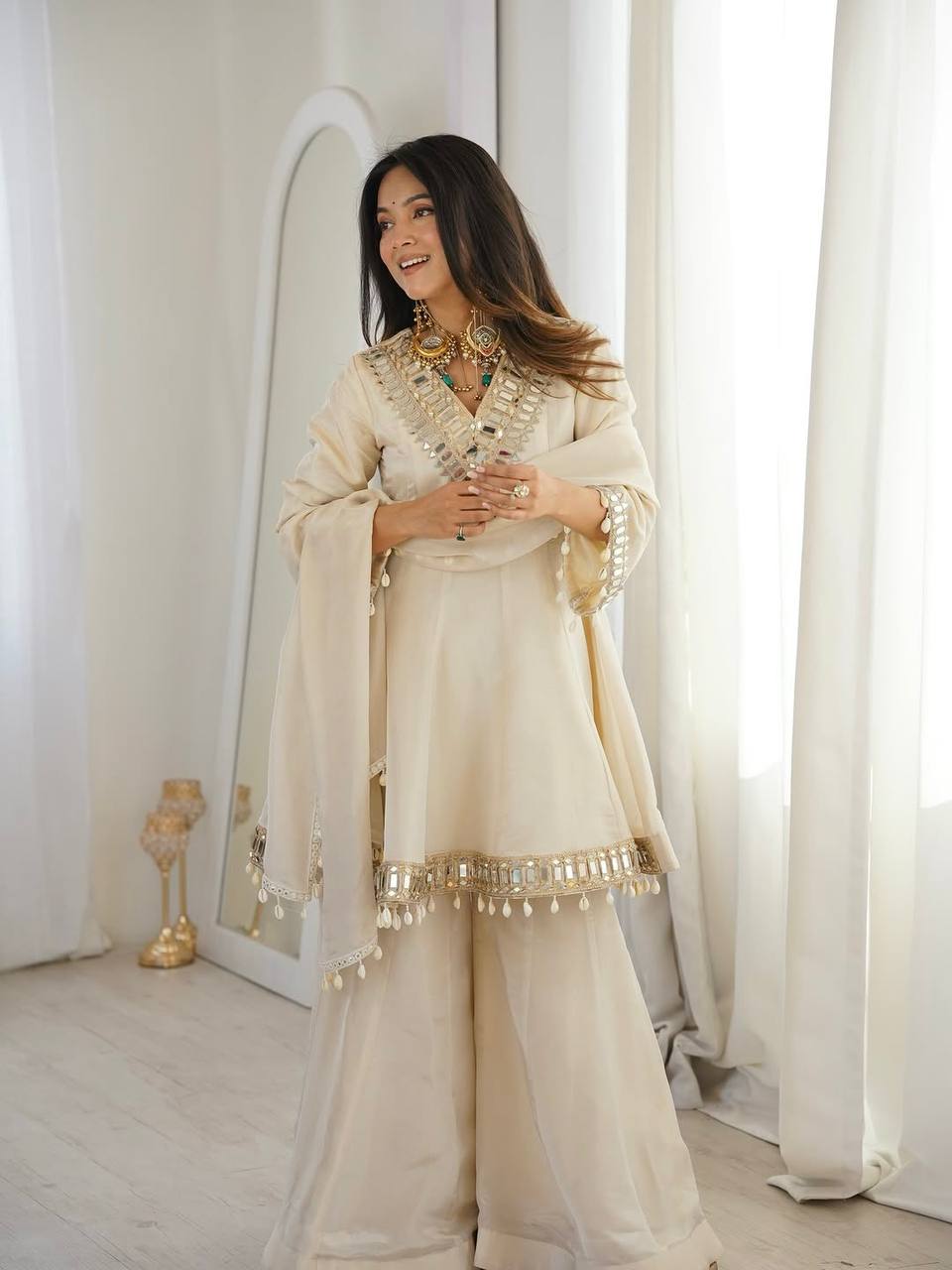 Premium Real Mirror Work Chinon Plazzo Set with Kodi Lace Dupatta for Festive and Party Wear