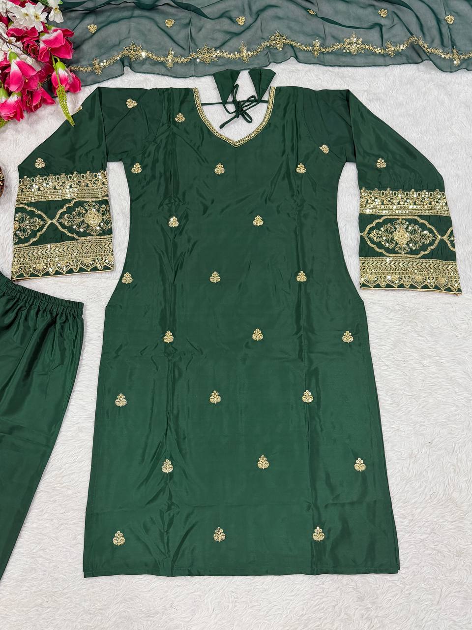 Emerald Green Sequence and Embroidery Suit Set