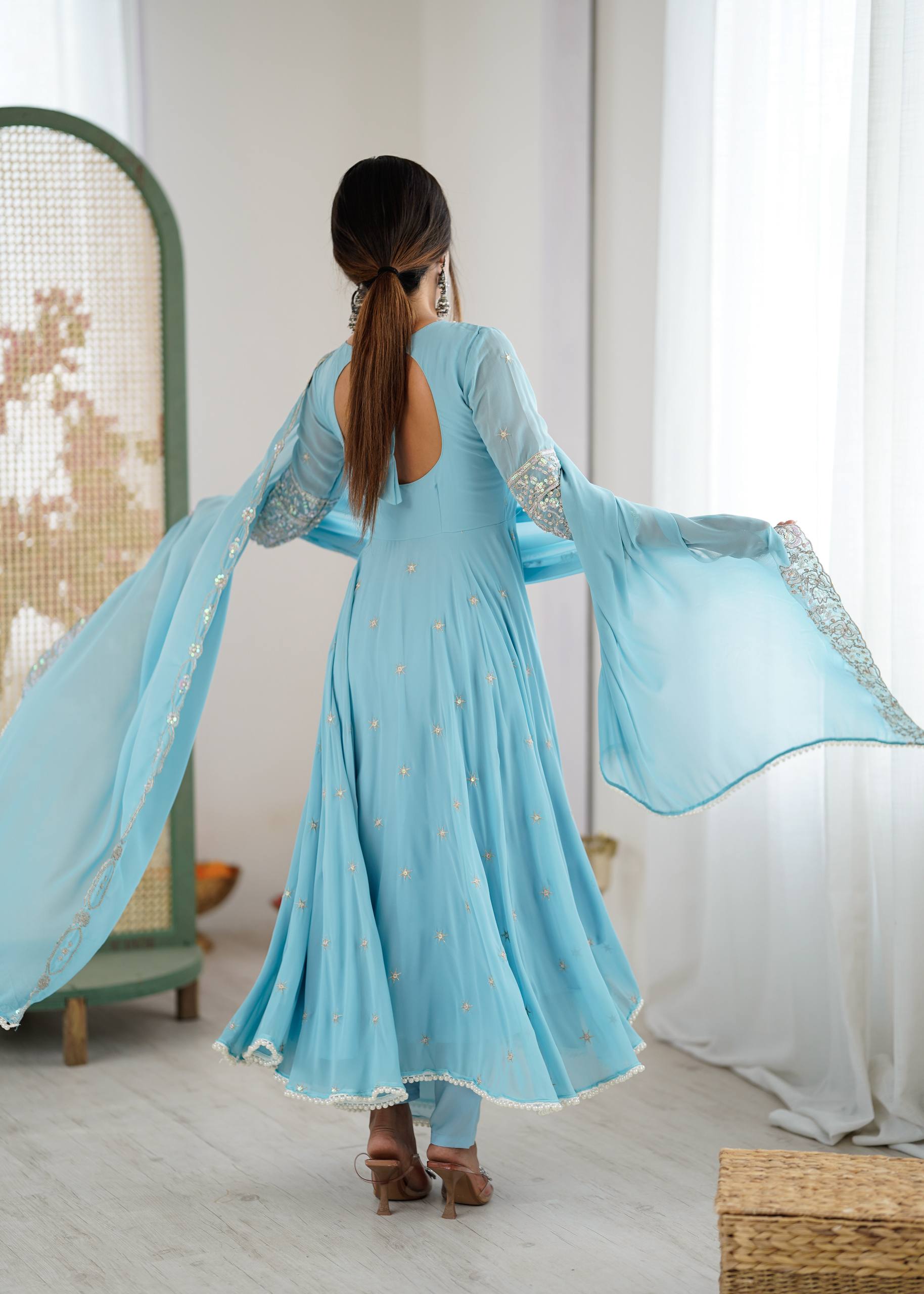 Floral Embroidered Sequinned Georgette Kurta With Palazzos & Dupatta