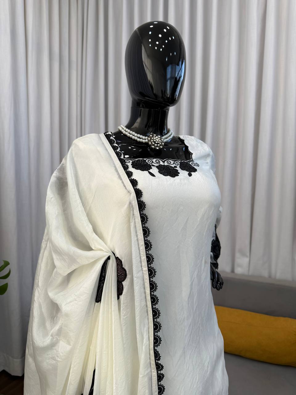 Easy Wear White Fendy Silk Embroidered Top Farshi Pant Set with Lace Dupatta