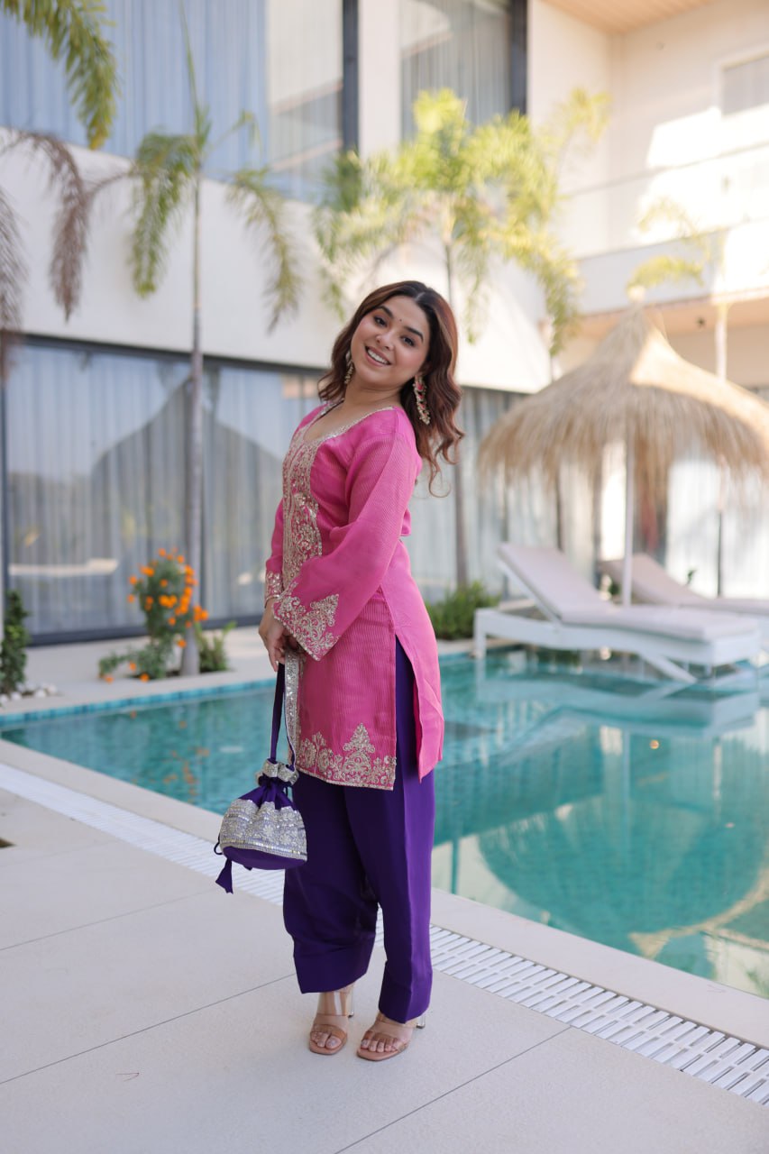 Viscose Embroidered Kurti Set with Roman Silk Bottom for Women