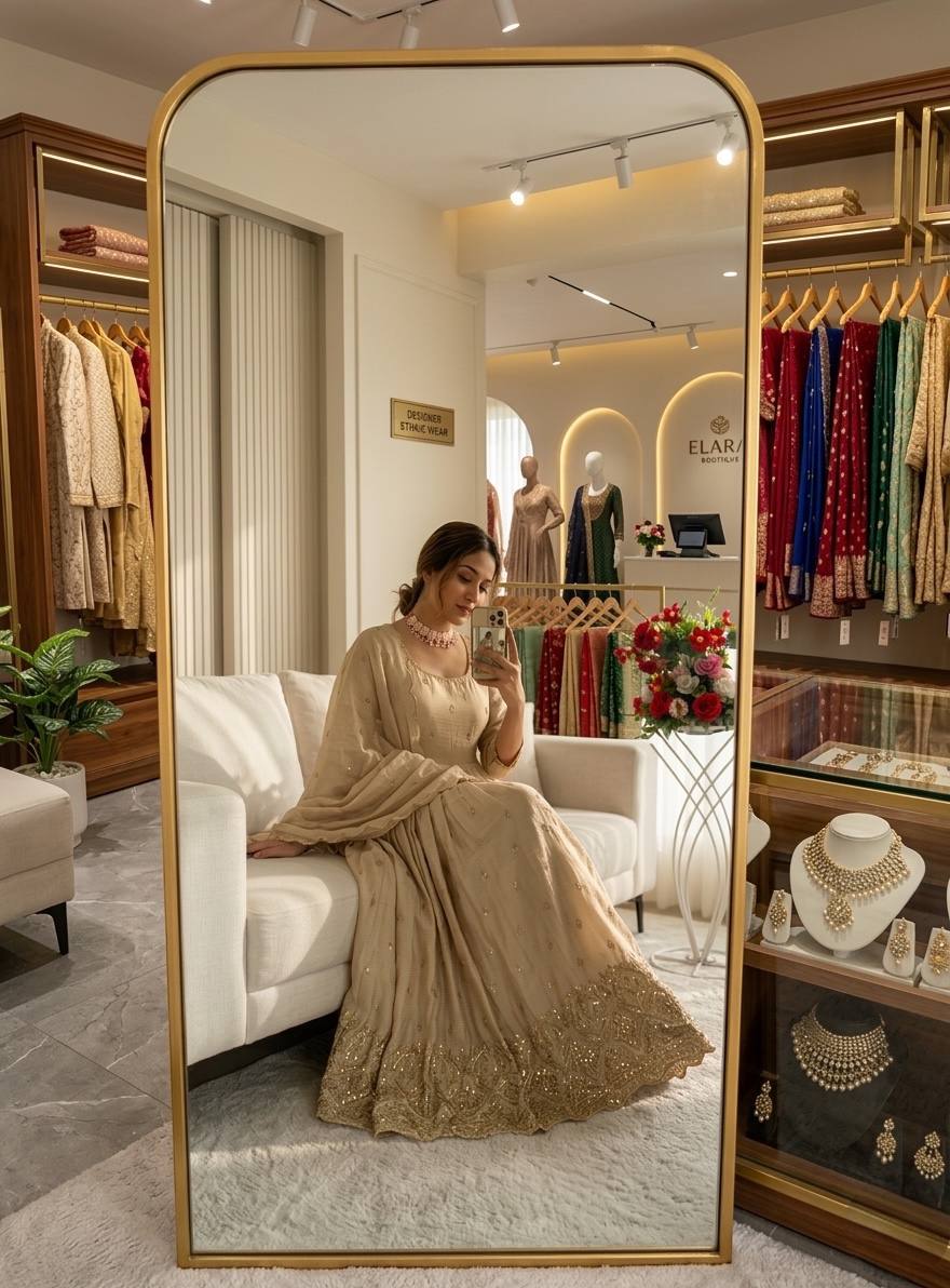 Women's Peach Faux Georgette Stitched Top With Bottom and Dupatta Full Sleeve Embroidered Anarkali Gown