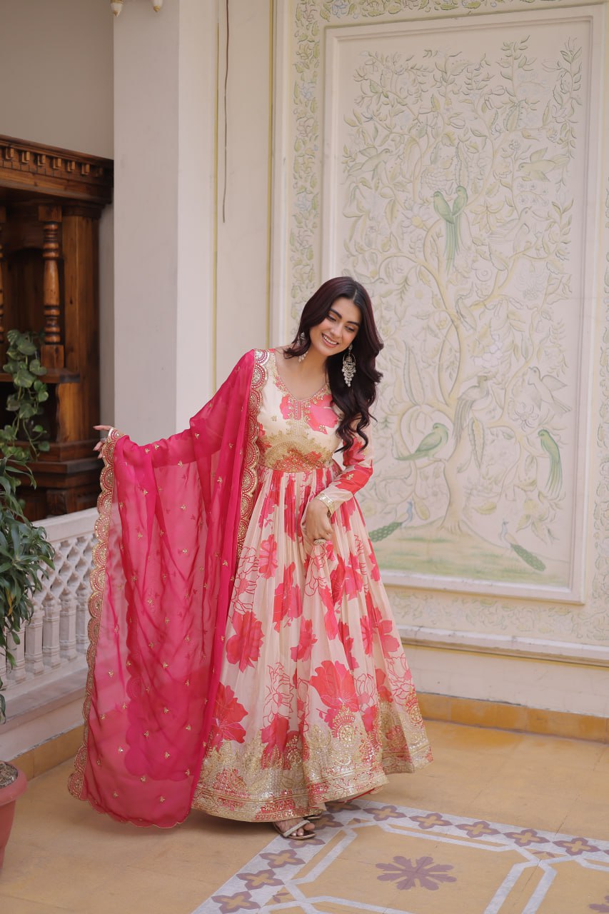 Beautiful Cream Floral Printed Silk Engagement Wear Anarkali Gown