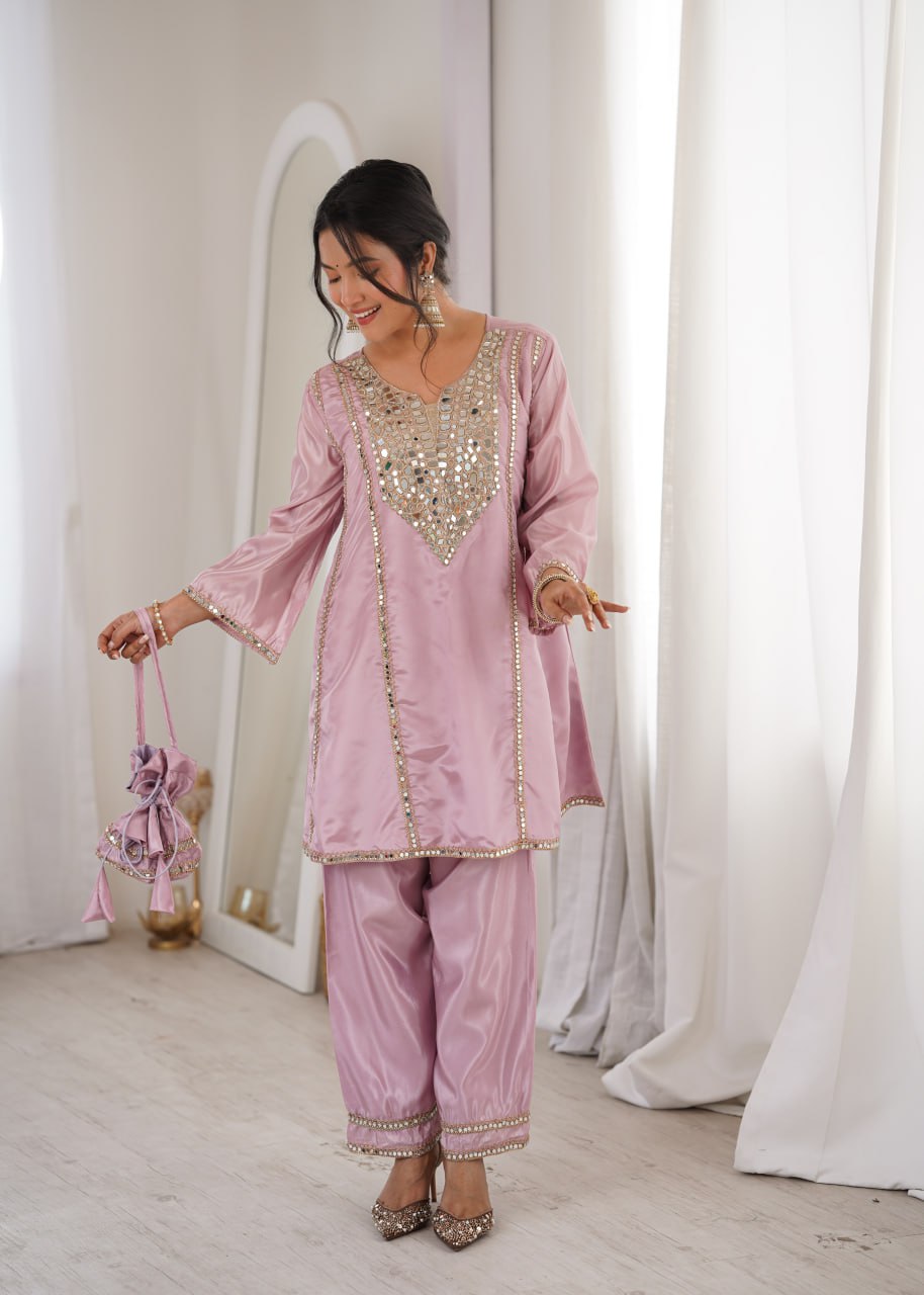 Pink Mirror Work Kurti Pant Set & Batwa
