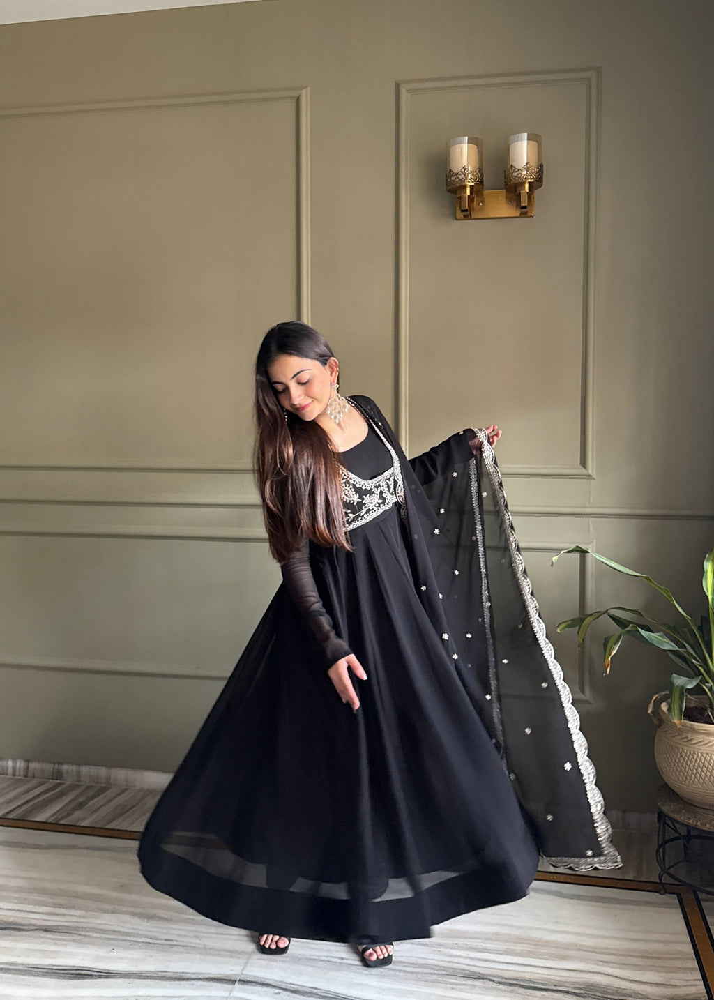 Black Color Faux Georgette Embroidered Anarkali Suit
