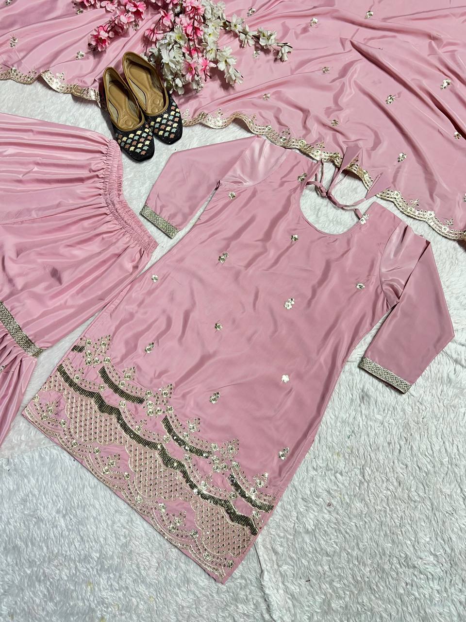 Pink Colour Heavy Faux Georgette 5mm Embroidery Sequence Work Sharara