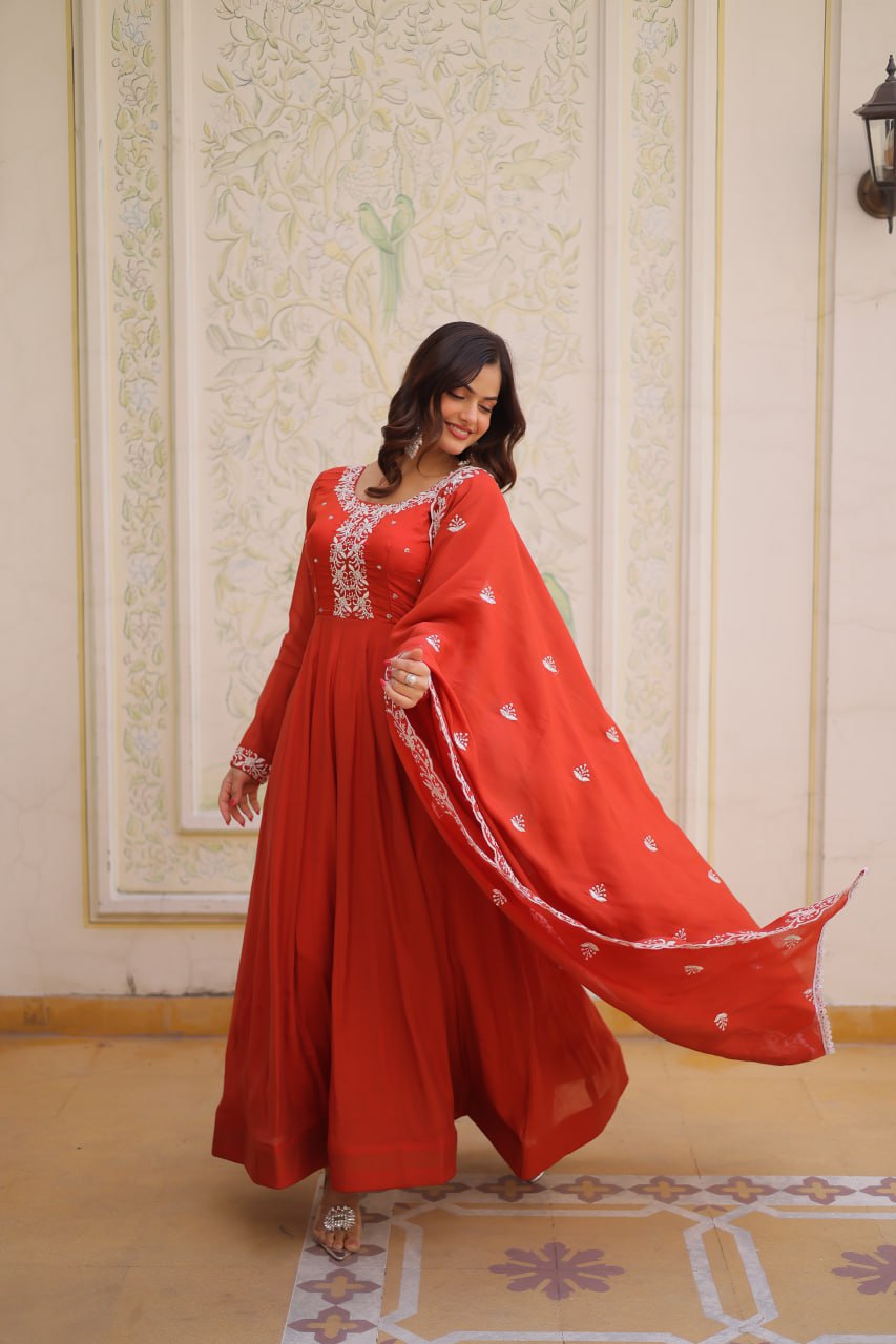 Sweet Rust Orange Bead Work Chanderi Wedding Wear Gown With Dupatta