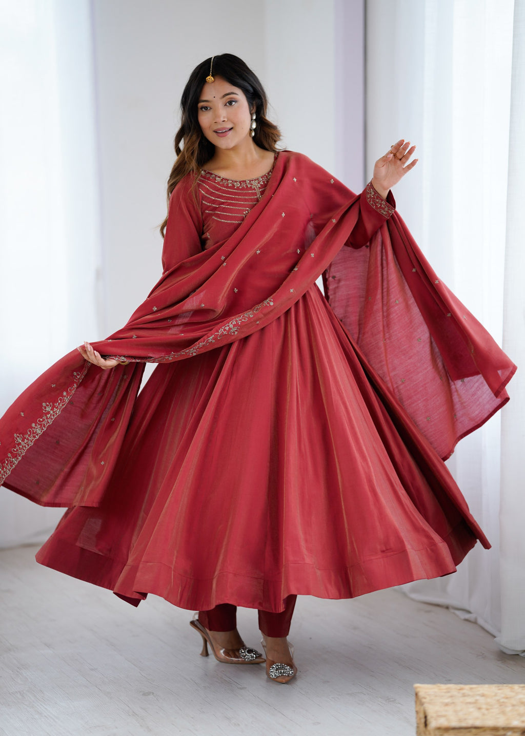 Maroon Chanderi Silk Anarkali Set with Handwork Beads
