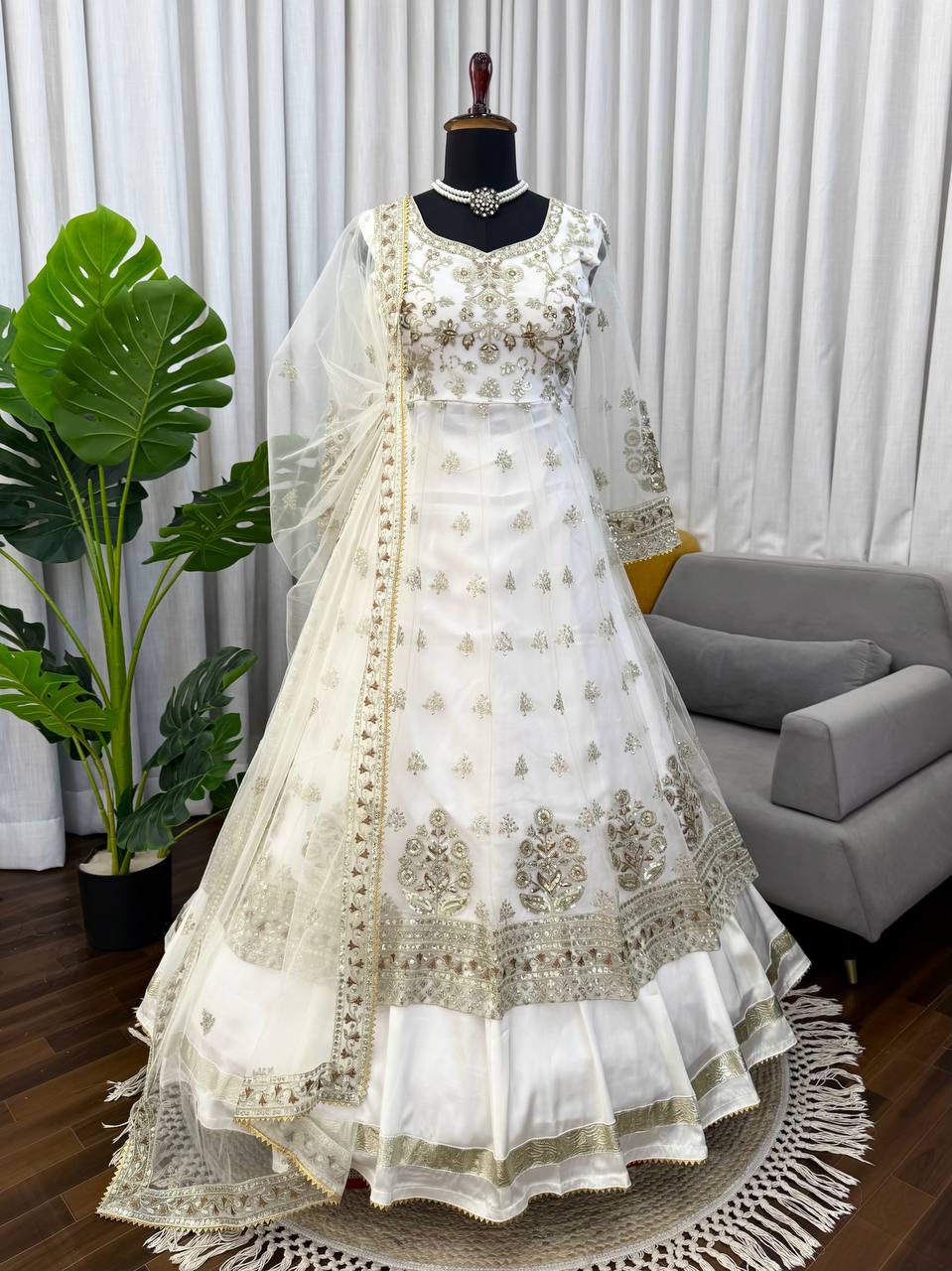 Stunning White Festive Wear Lehenga Gown With Gota Patti and Fancy Lace