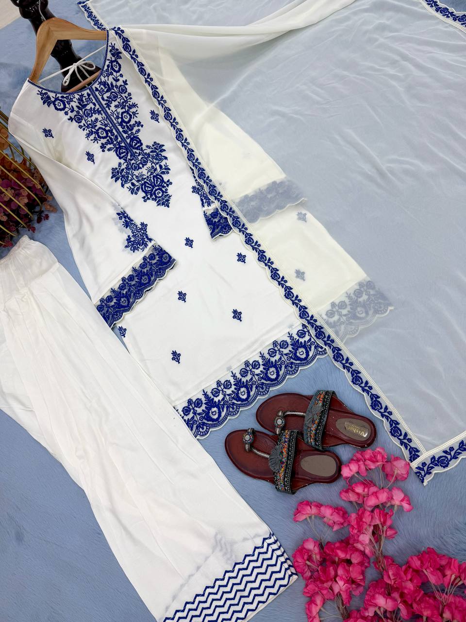 designer Party Wear Look Pur Rayon Cotton Top & Farshi Palazzo With Dupatta set