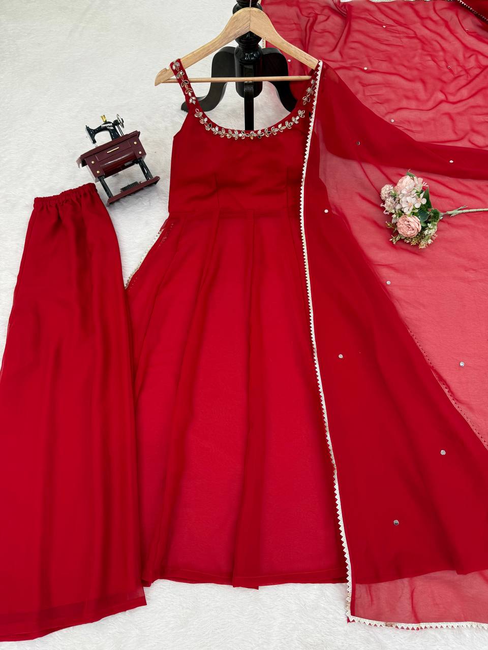 Red Faux Georgette Lace Mirror Work Salwar Suit