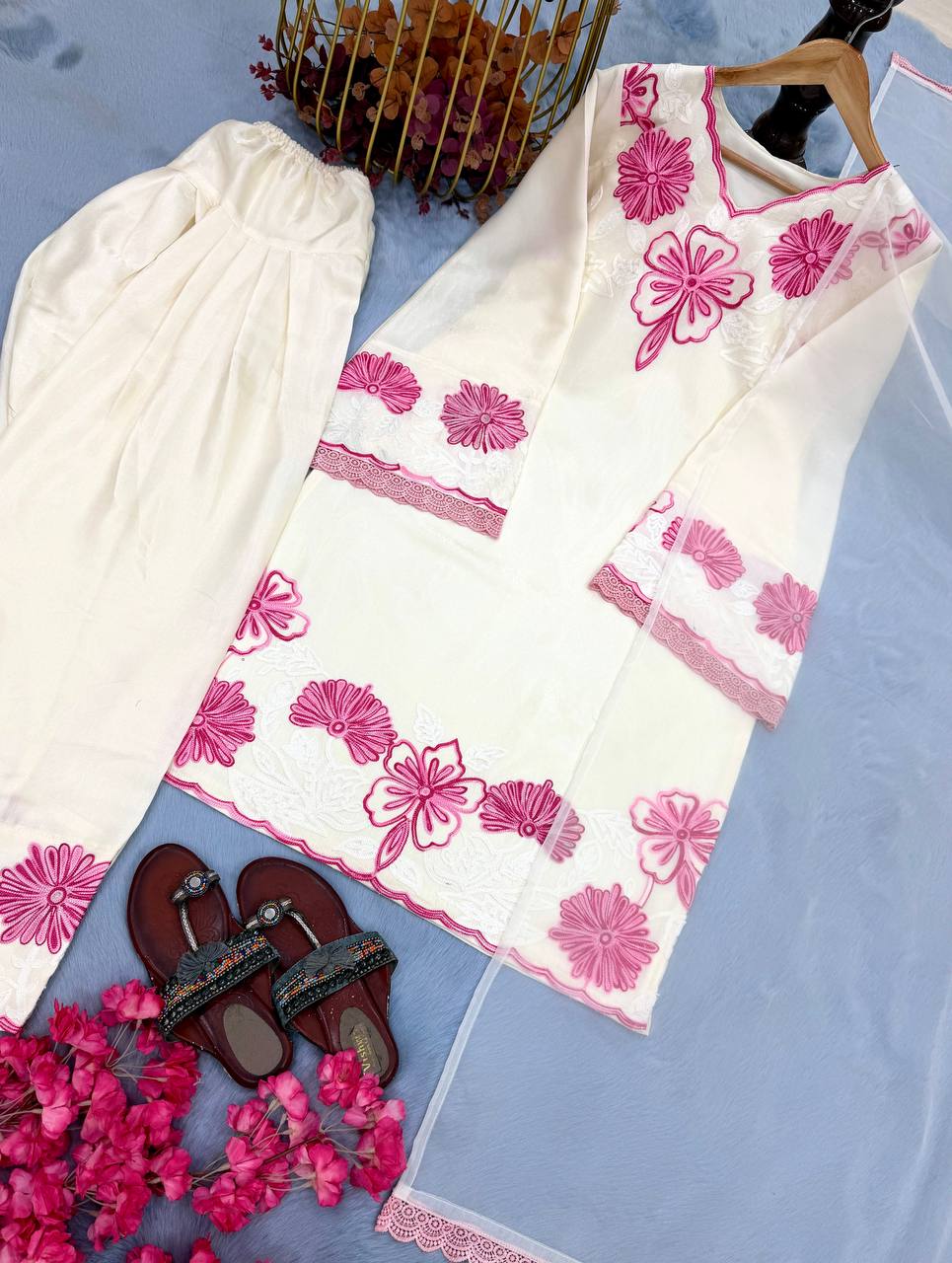 Graceful Pastel Floral Kurta Palazzo Dupatta Set