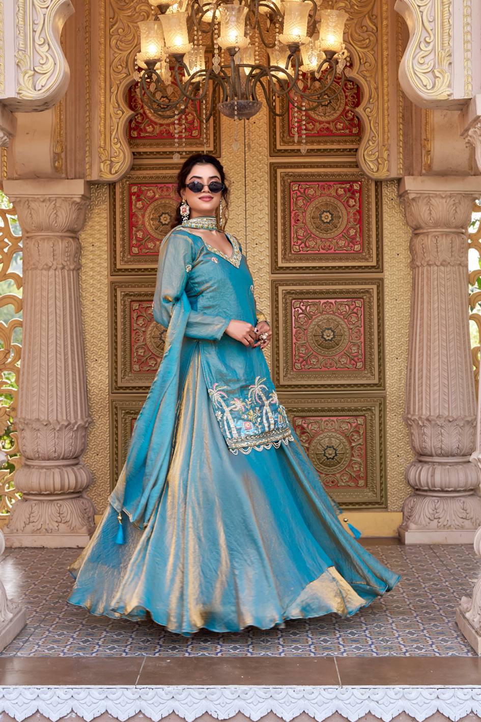 Pink & Blue Pure Fendy Kurti Lehenga with Moti Embroidery & Dupatta Set
