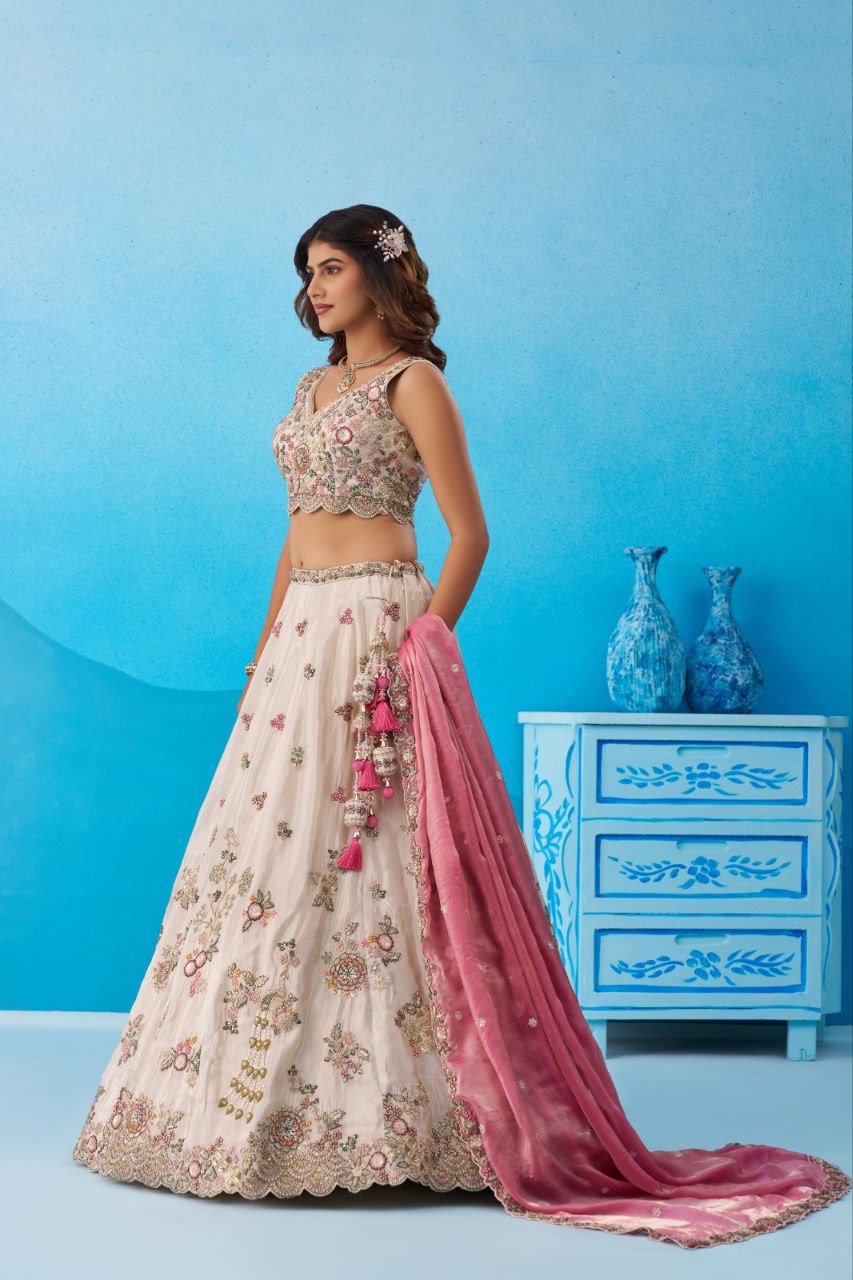 Women's Cream Tissue Sequins Embroidered Lehenga And Blouse With Dupatta