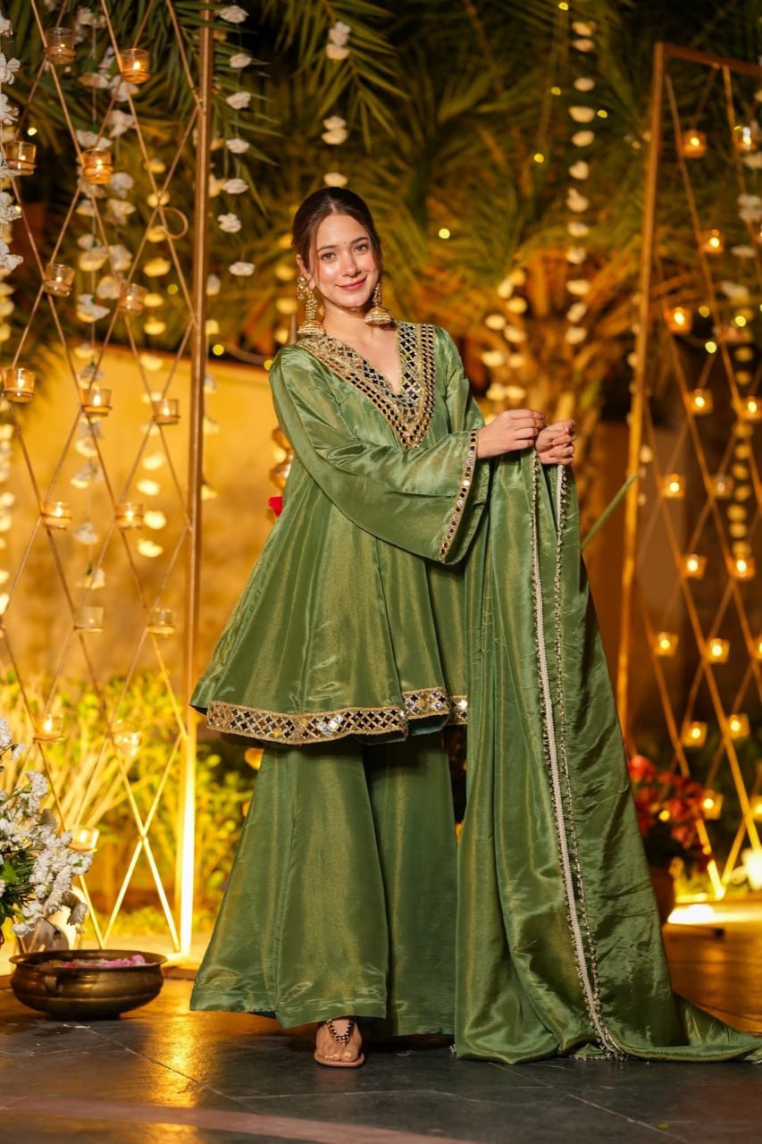 Women Embroidered Panelled Mirror Work Dupion Silk Kurta with Palazzos & With Dupatta