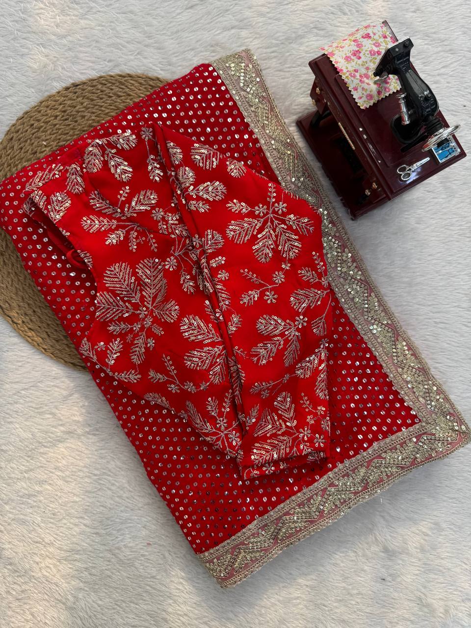 Faux Blooming Georgette Red Saree