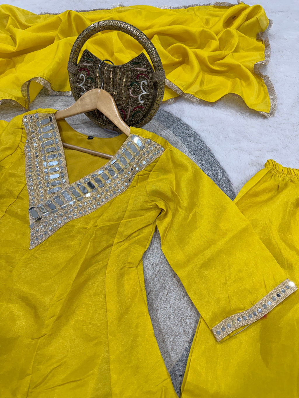 Shimmer Silk Mirror Work 3Pc Designer Kurti Pant Dupatta Set