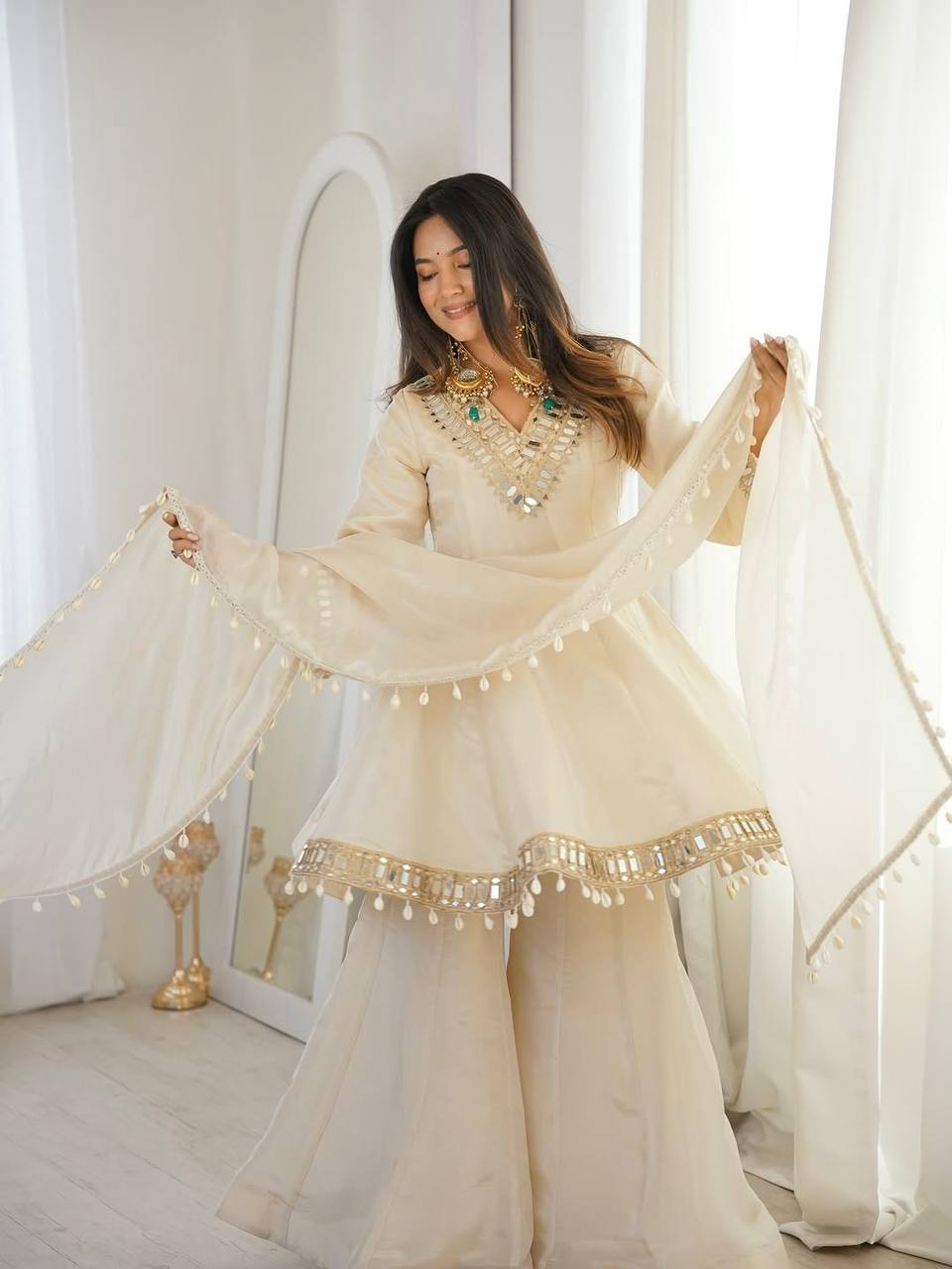 Premium Real Mirror Work Chinon Plazzo Set with Kodi Lace Dupatta for Festive and Party Wear