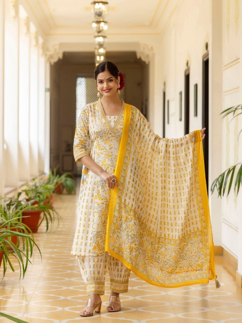 Women Ethnic Motifs Printed A-Line Kurta with Churidar & Dupatta