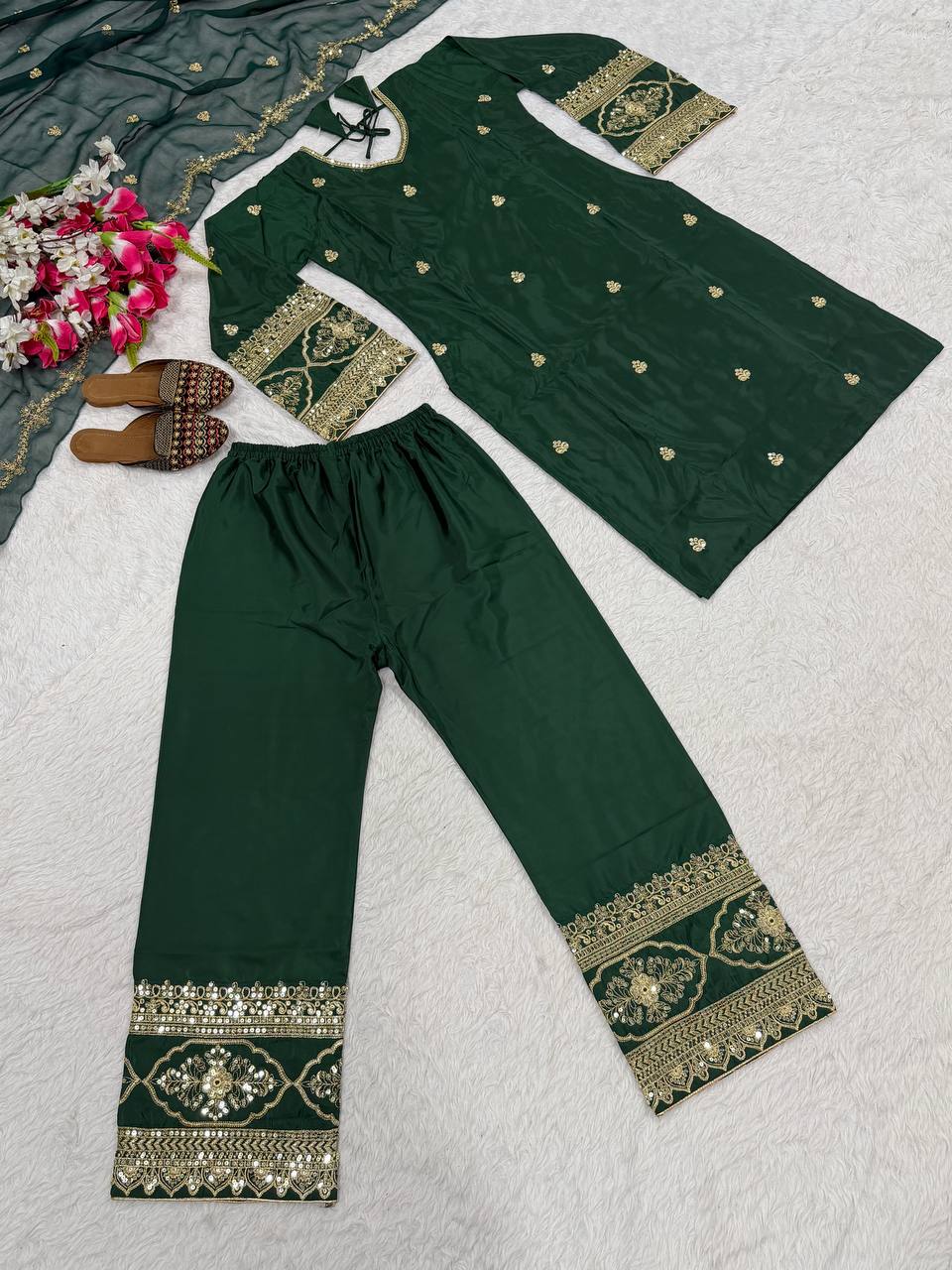 Emerald Green Sequence and Embroidery Suit Set