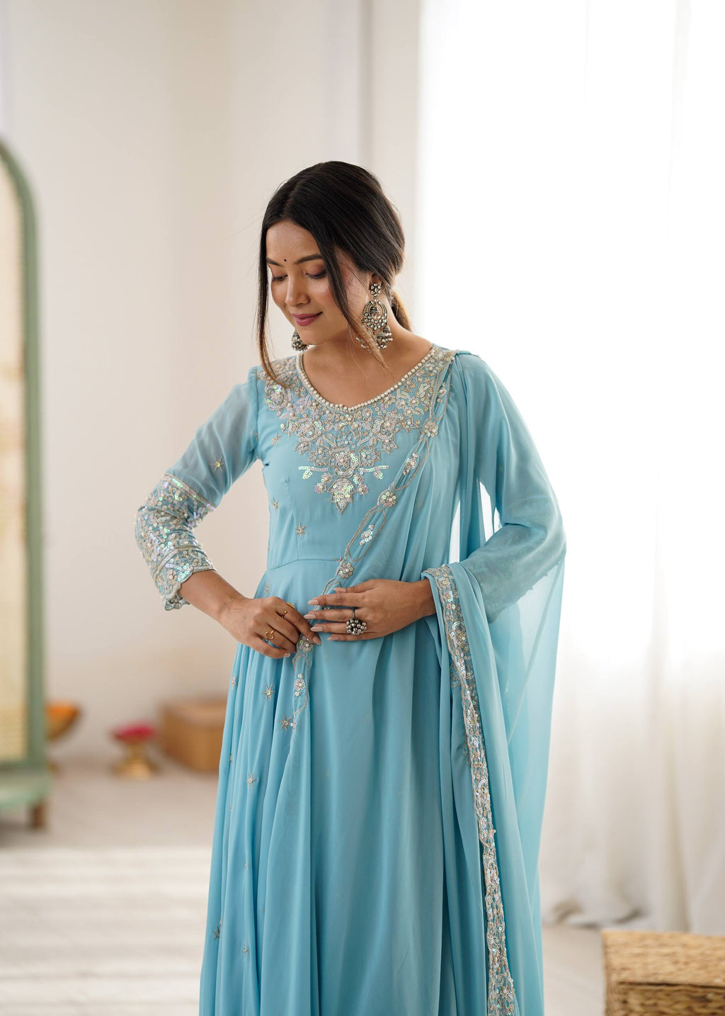 Floral Embroidered Sequinned Georgette Kurta With Palazzos & Dupatta