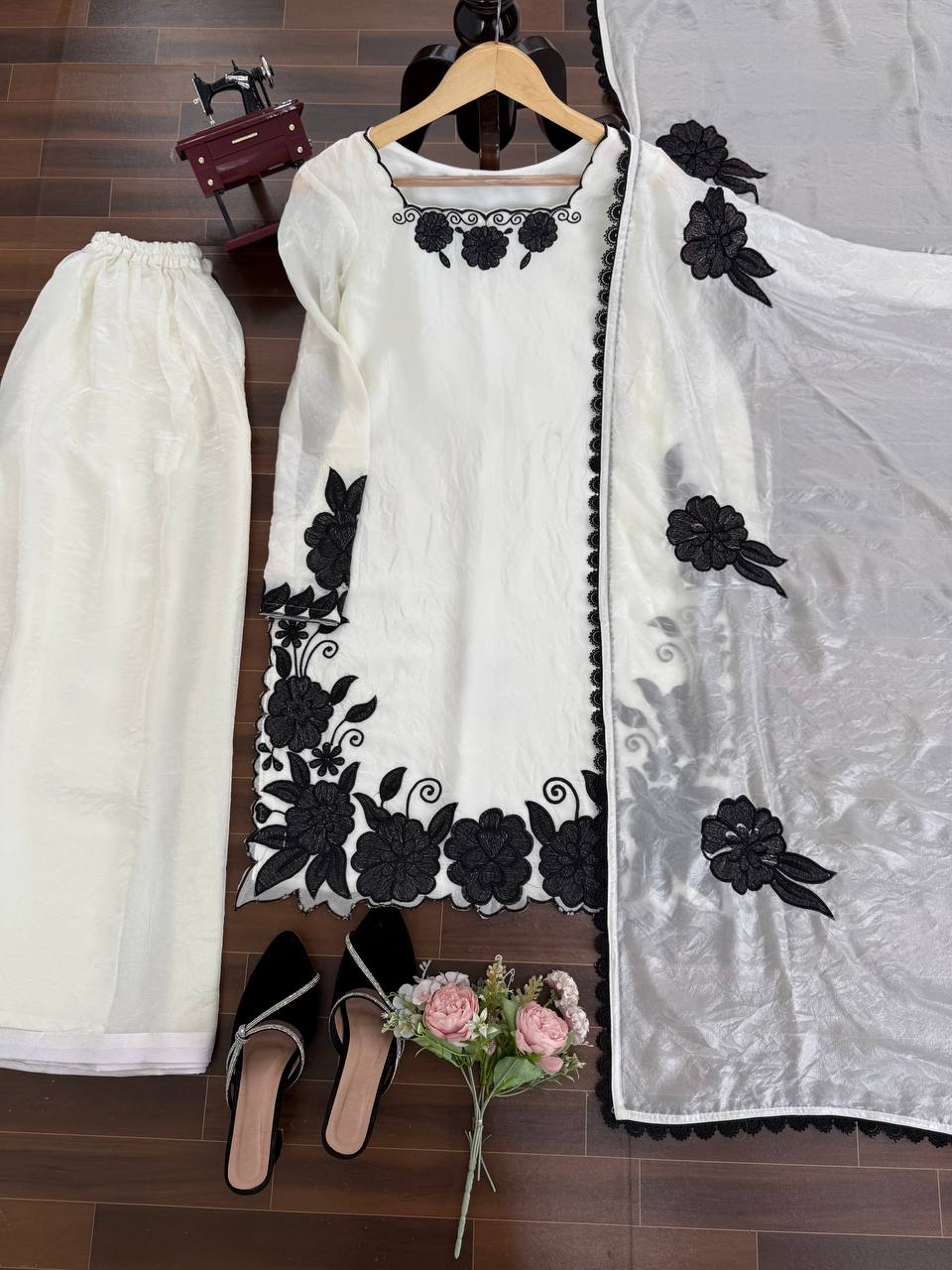 Easy Wear White Fendy Silk Embroidered Top Farshi Pant Set with Lace Dupatta