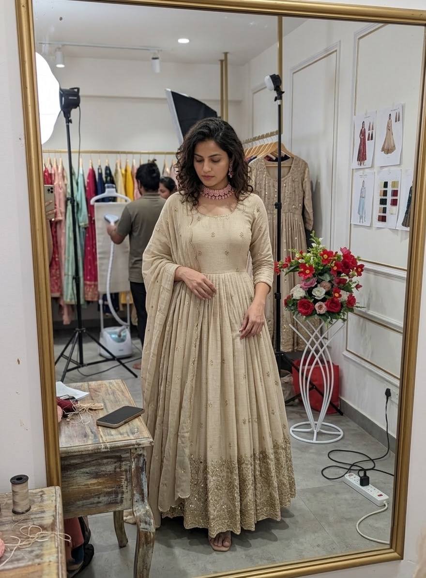 Women's Peach Faux Georgette Stitched Top With Bottom and Dupatta Full Sleeve Embroidered Anarkali Gown